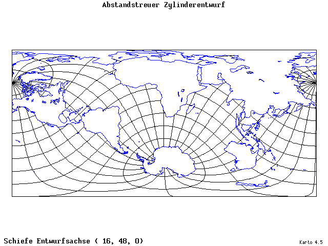 Cylindrical Equidistant Projection - 16°E, 48°N, 0° - standard