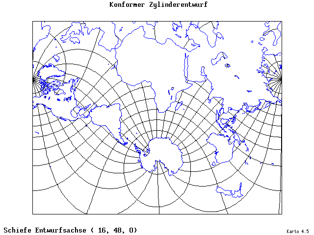 Mercator's Cylindrical Conformal Projection - 16°E, 48°N, 0° - standard