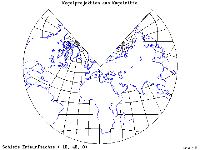 Conical Gnomonic Projection - 16°E, 48°N, 0° - standard