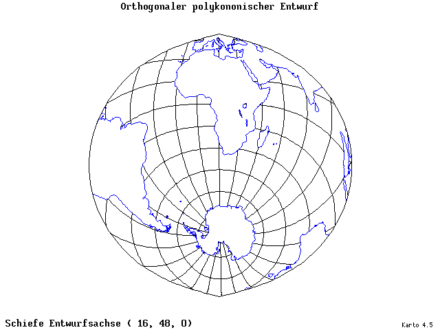 Polyconic Projection (orthogonal grid) - 16°E, 48°N, 0° - standard