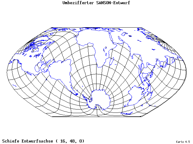 Sanson's Projection (modified) - 16°E, 48°N, 0° - standard