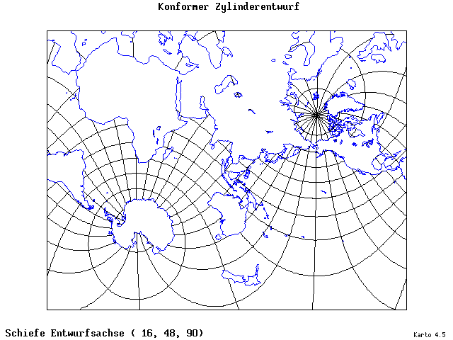 Mercator's Cylindrical Conformal Projection - 16°E, 48°N, 90° - standard