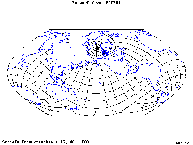 Pseudocylindrical Projection (Eckhart V) - 16°E, 48°N, 180° - standard