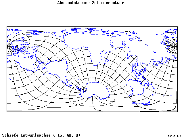 Cylindrical Equidistant Projection - 16°E, 48°N, 0° - wide