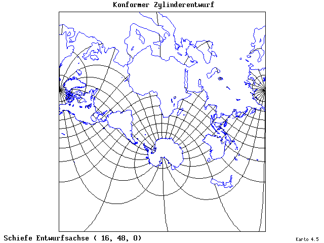 Mercator's Cylindrical Conformal Projection - 16°E, 48°N, 0° - wide