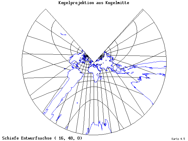 Conical Gnomonic Projection - 16°E, 48°N, 0° - wide