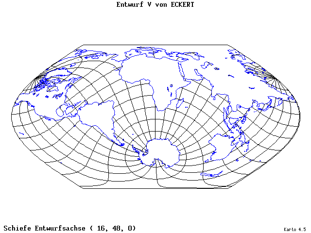 Pseudocylindrical Projection (Eckhart V) - 16°E, 48°N, 0° - wide