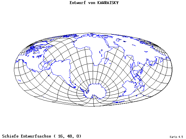 Kavraisky's Projection - 16°E, 48°N, 0° - wide