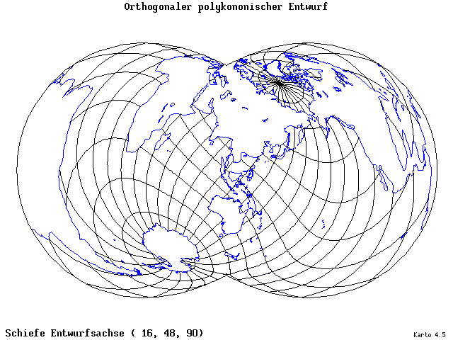 Polyconic Projection (orthogonal grid) - 16°E, 48°N, 90° - wide