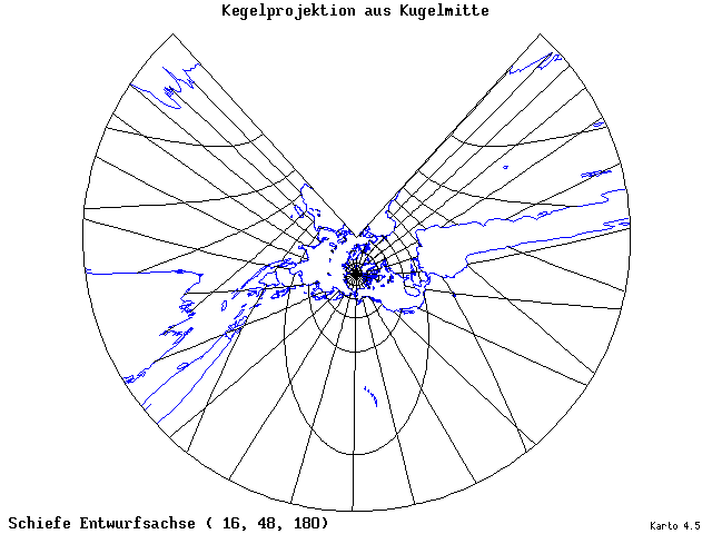 Conical Gnomonic Projection - 16°E, 48°N, 180° - wide