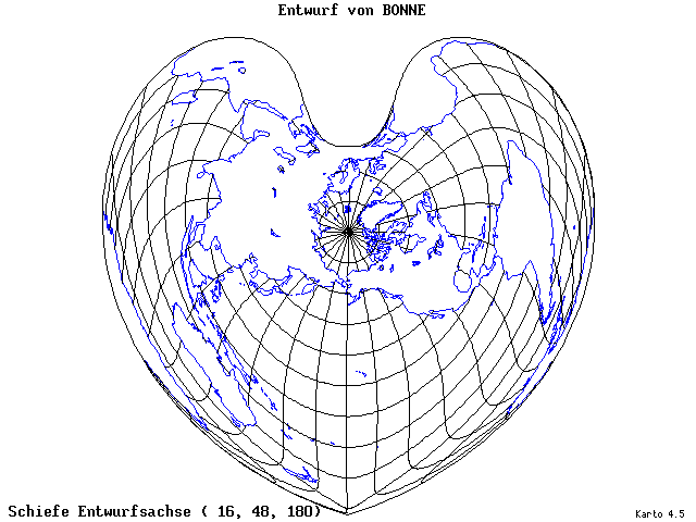 Bonne's Projection - 16°E, 48°N, 180° - wide