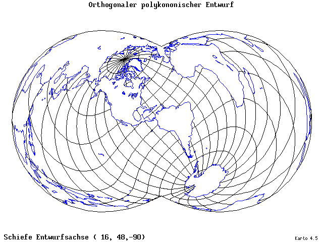 Polyconic Projection (orthogonal grid) - 16°E, 48°N, 270° - wide